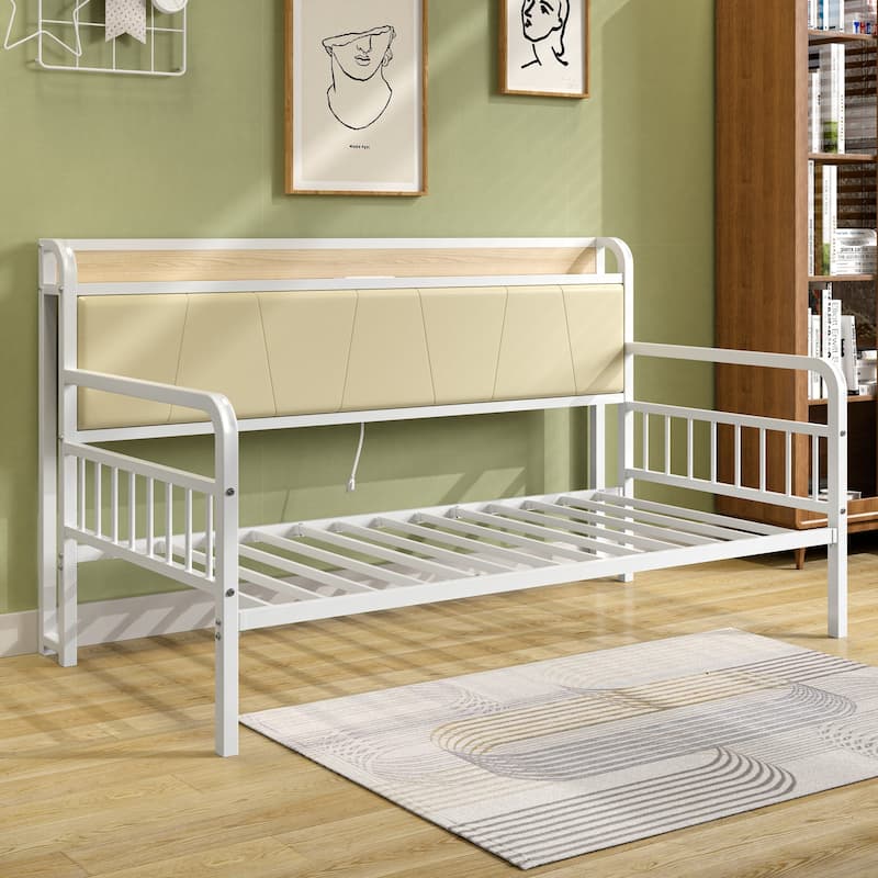 Javlergo White Modern Daybed with Trundle PU Leather Wood Headboard featuring AC USB Outlets for Living Room Bedroom Guest Room