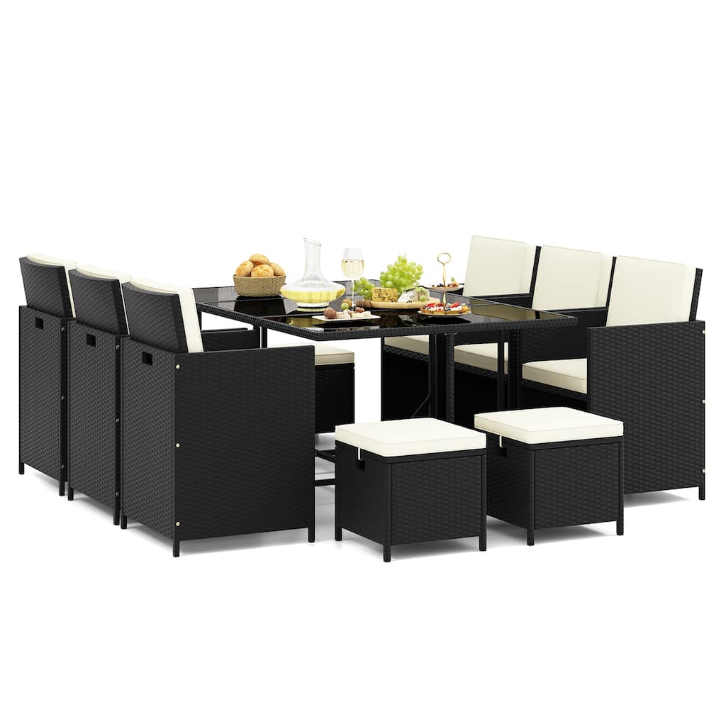 Gymax 11PCS Dining Set Space-saving Wicker Chairs & Tempered Glass