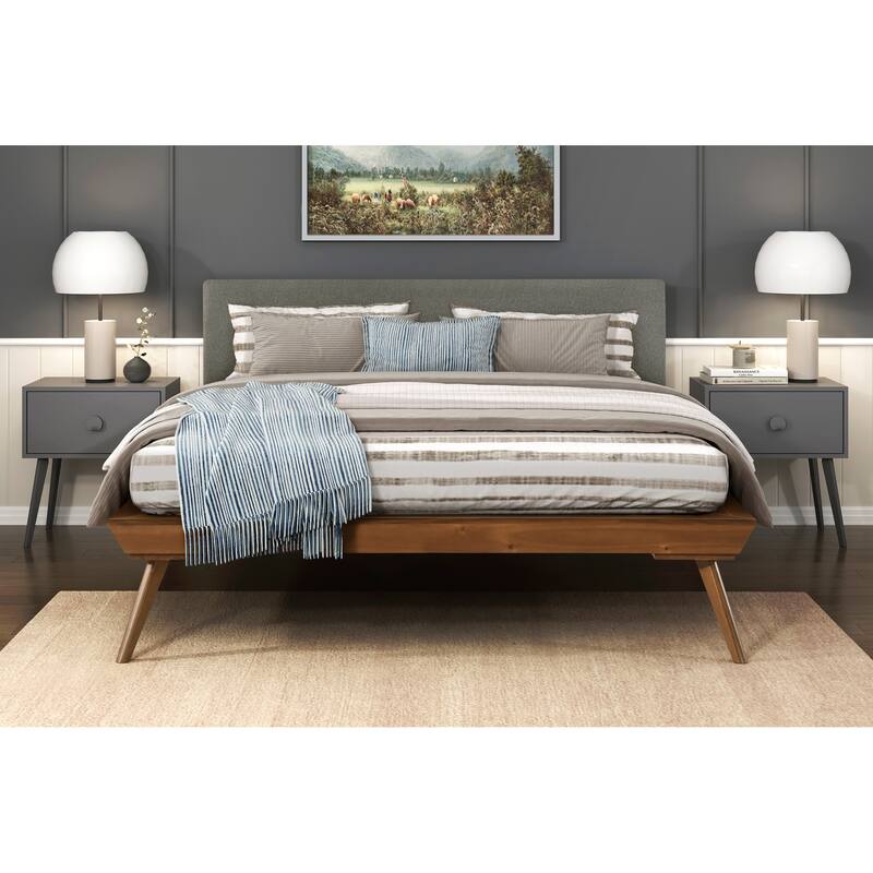 Queen Platform Bed with Upholstered Headboard in Dark Gray and Chestnut Finish