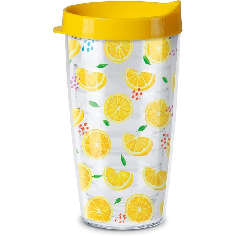 Bright Yellow Lemons Double Wall Unbreakable Plastic Tumbler with Lid Holds 16 Ounces BPA Free Microwave Safe Dishwasher Safe