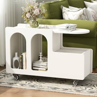 Mobile End Table with Storage Drawer and Two Arched Compartments