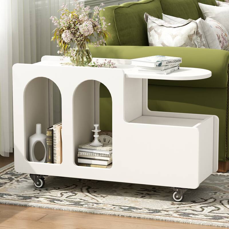 Mobile End Table with lockable wheels, Side Table with Storage Drawer, 11.8inch Narrow Nightstand with Multi-layer Storage - White