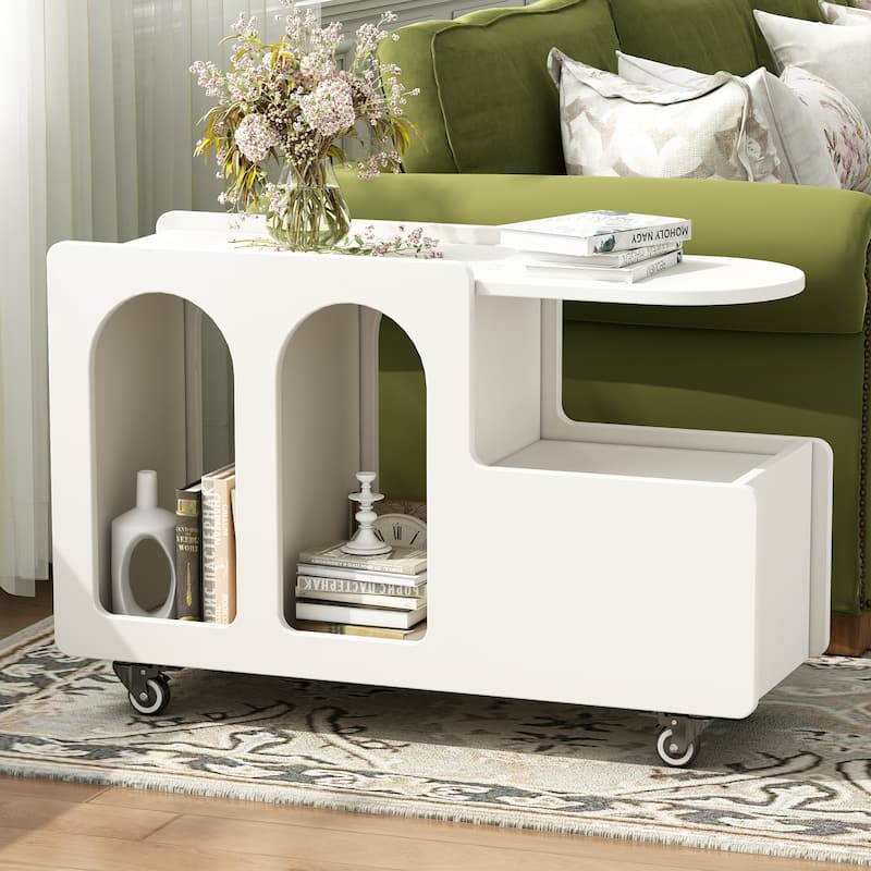 Roomfitters Modern Mobile End Table with Storage, Cream Style Side Table with Wheels and Multi-Layer Design for Living Room - White