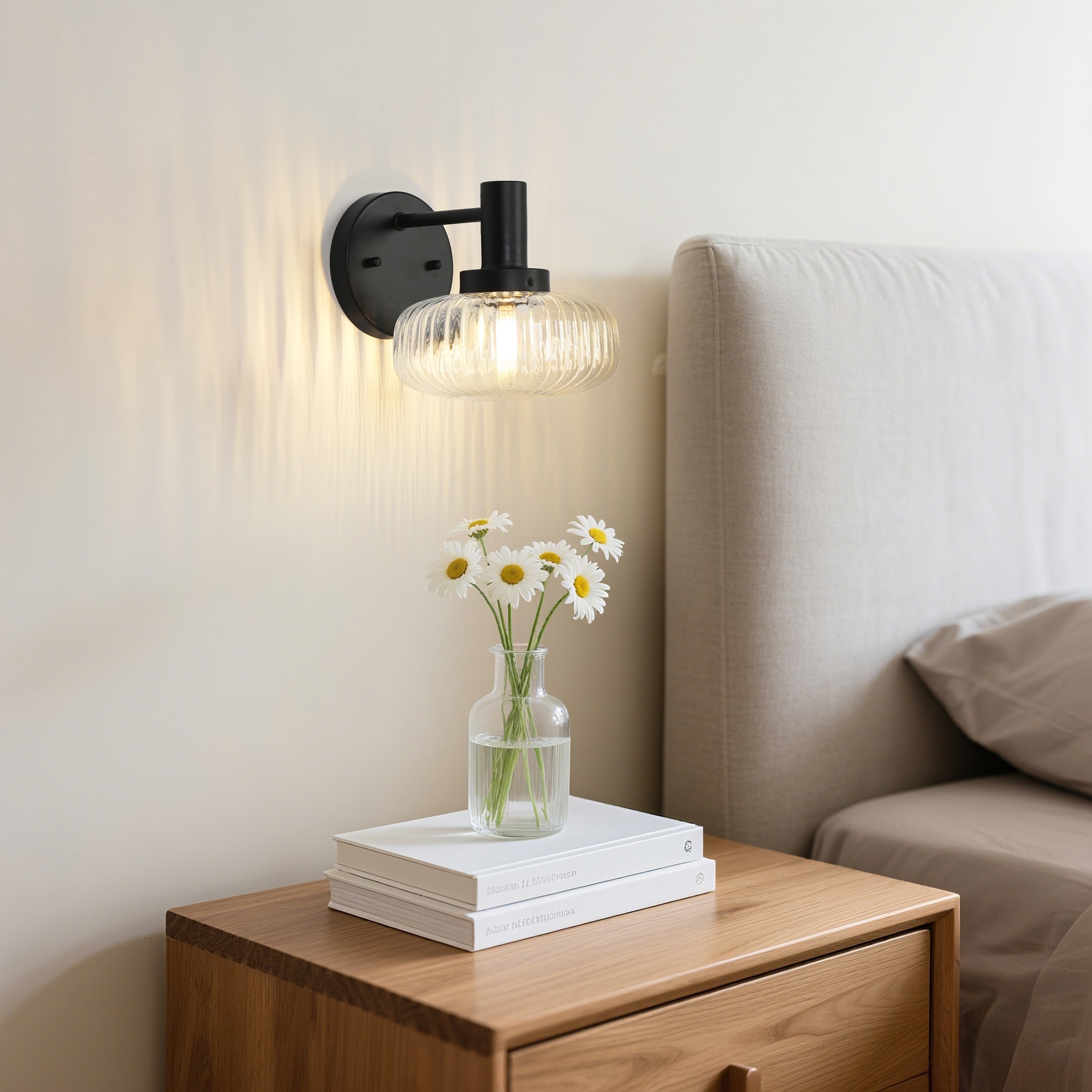 Modern Farmhouse 1-Light Black Ribbed Glass Dimmable Bathroom Wall Sconce - W 7.1" x H 7.4" x D 9.1"