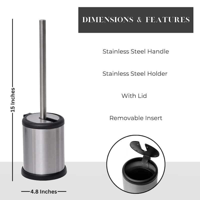 Bath Toilet Bowl Brush Holder with Folding Lid Stainless Steel - 15 inches H x 4.8" Diam