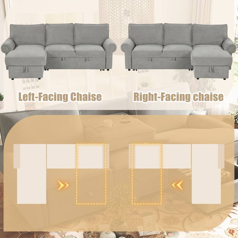 95" Convertible Sectional Sleeper Sofa with Storage Chaise, Pull-Down Tray & Cup Holders, Acacia Wood Frame (Polyester)