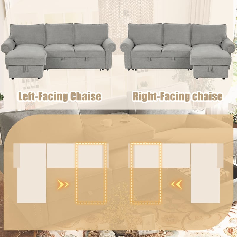 Convertible Sectional Sleeper Sofa with Storage Chaise, Pull-Down Backrest, Dual Cup Holders, Arc Armrests and Nailhead Trim