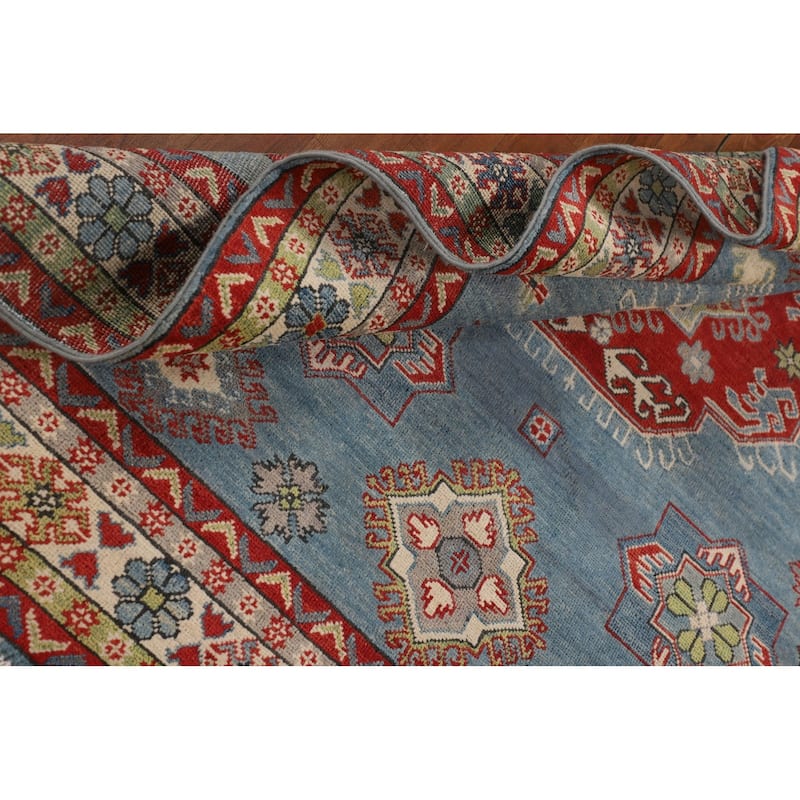 Blue Geometric Kazak Oriental Area Rug Handmade Floral Wool Carpet - 5'2" x 6'3"