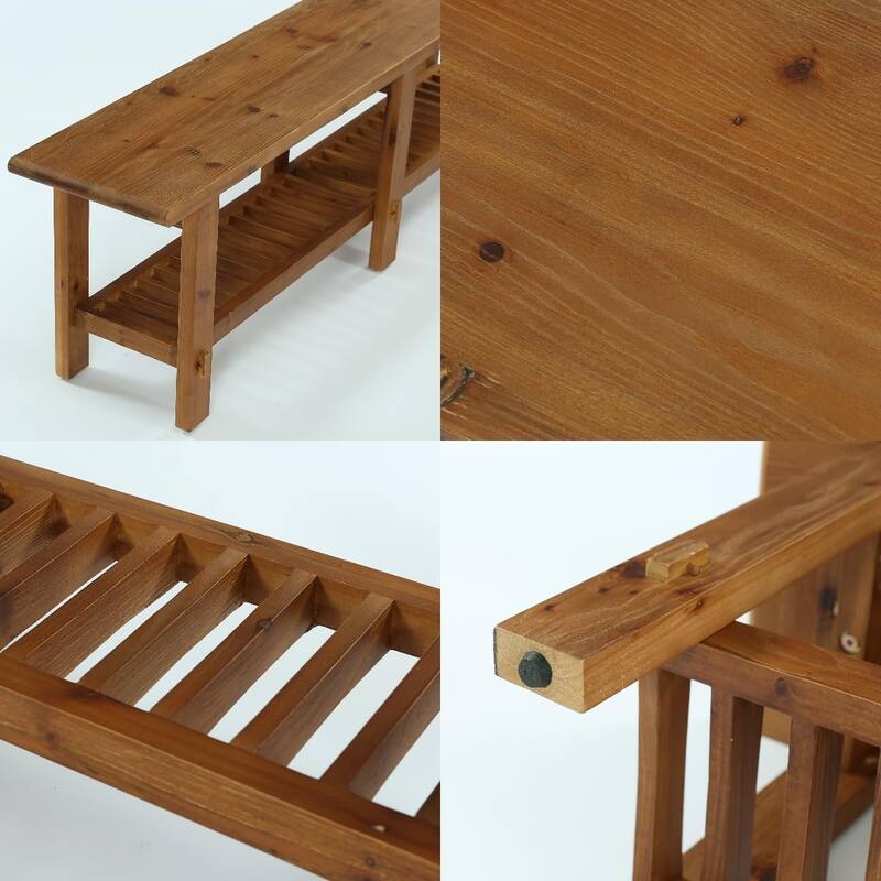 2-Tier Solid Wood Entryway Shoe Bench, 63" End of Bed Bench Shelf
