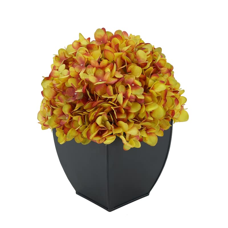 Faux Hydrangea in Black Tapered Zinc Cube - Gold