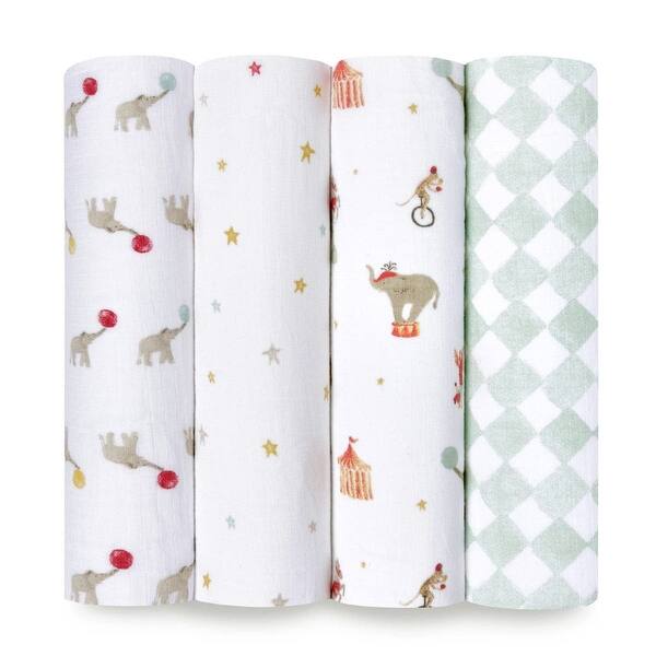 slide 2 of 5, aden + anais essentials cotton muslin swaddle blanket 4 pack elephant circus