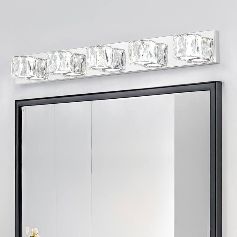 35" Modern Crystal 5-Light LED Wall Sconce - Elegant Chrome Bathroom Vanity Light with Clear Crystal Shades