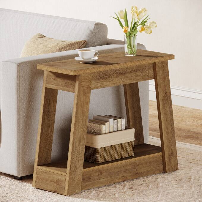 Rustic Wood End Table, Small Side Table With 2-Tier Storage Shelves - 1 piece - Light Brown
