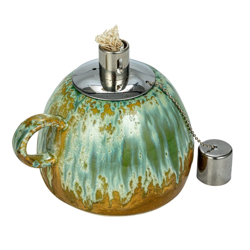 Stoneware Oil Lamp with Handle and Reactive Glaze - 5.5"L x 4.5"W x 4.4"H