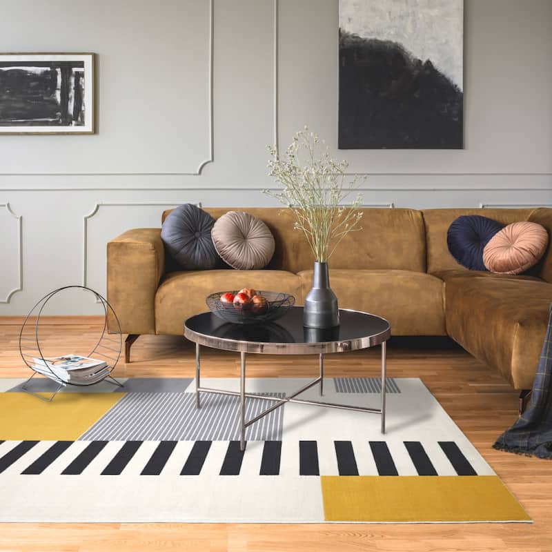 Bailey Mid-century Modern Striped Color Block Low-pile Area Rug - 7'10" x 10' - Gold
