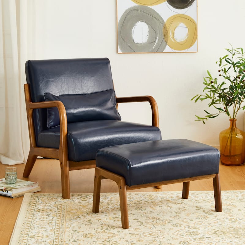 Glitzhome 30.75"H Mid-Century PU Leather Armchair with Ottoman Set - Blue