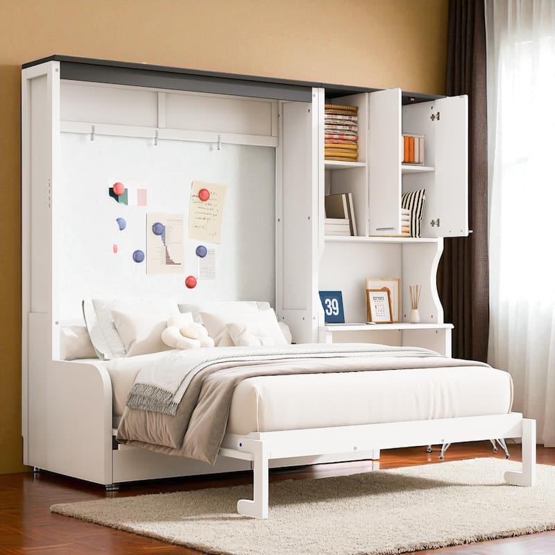 Full/Queen Murphy Bed with Sofa, Desk, and Storage Cabinet - Space-Saving Foldable Wall Bed Design