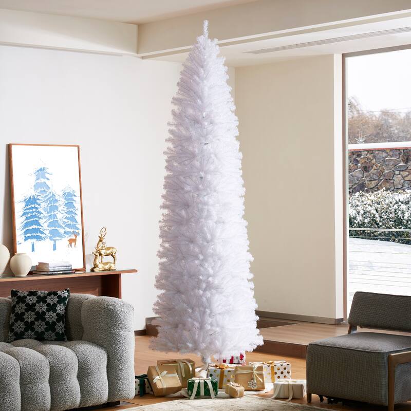 Glitzhome 7.5ft/9ft Shimmering Tinsel Pink Slim Pencil Fir Artificial Christmas Trees - 9ft White