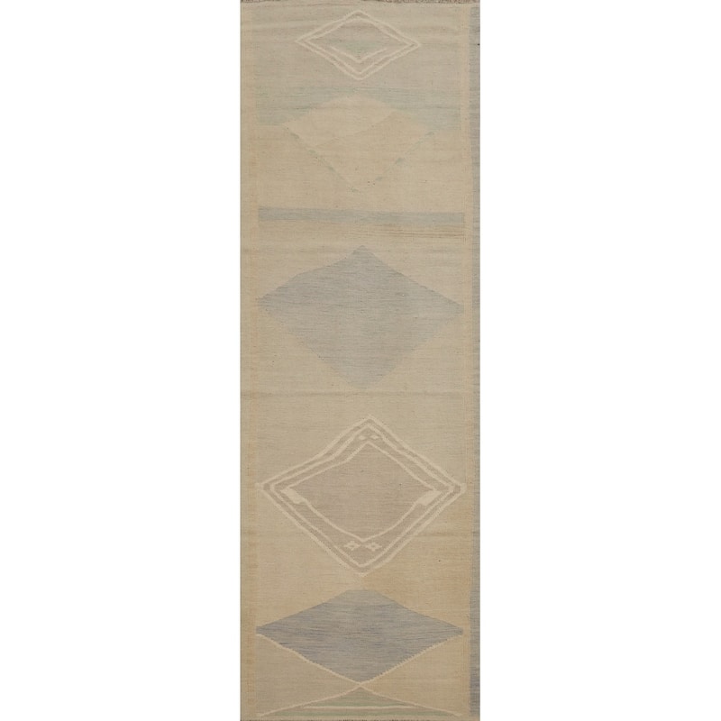 Hand Woven Oriental 100% Wool Carpet Southwestern Tribal Beige & Ivories Kilim Runner Rug - 10' 5'' X 2' 9''