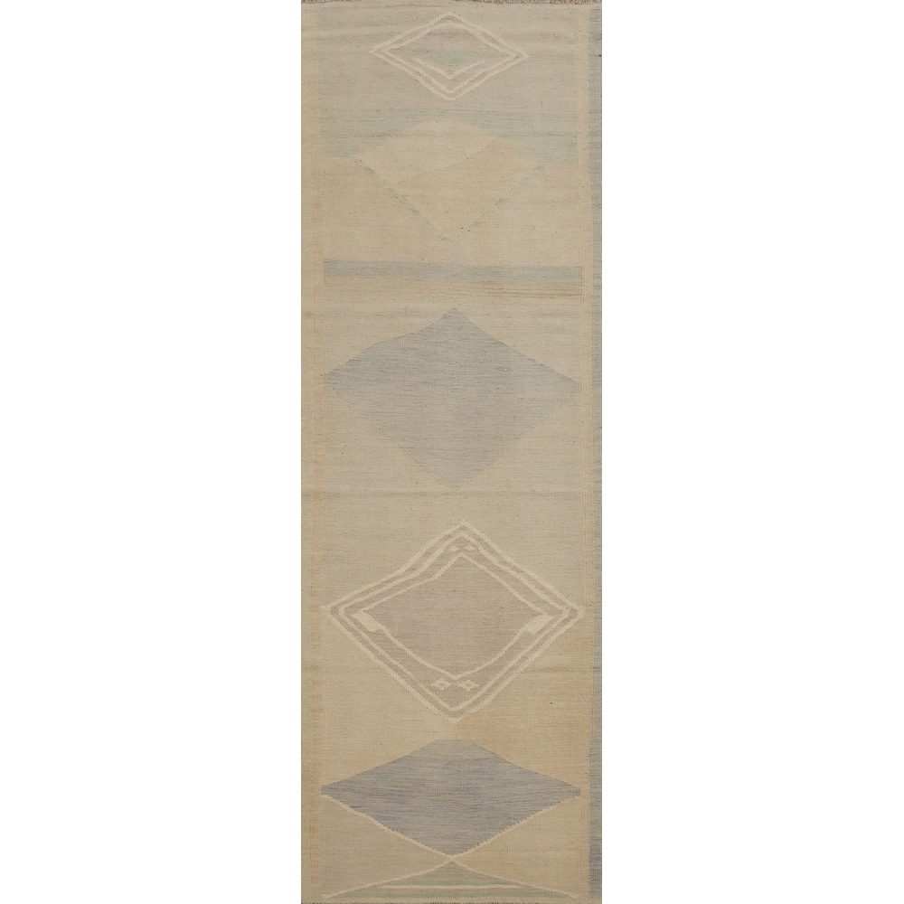 Hand Woven Oriental 100% Wool Carpet Southwestern Tribal Beige & Ivories Kilim Runner Rug - 10' 5'' X 2' 9''