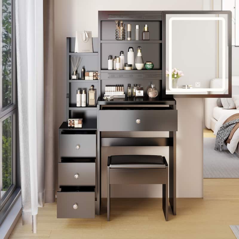 Make-Up Vanity Table and Stool with Brightness Adjustable LED Mirror