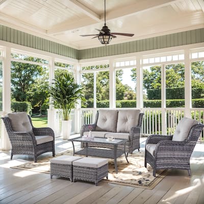 Outdoor Glider Sofa with Garden Chair and Ottoman - Beige cushion - Grey