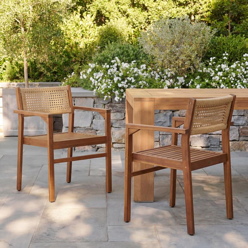 Christopher Knight Home - Modern Outdoor & Indoor Acacia Wood Dining Chairs Set with Wicker Backrest and Armrests - Set of 2-Natural Stained+Brown Wicker