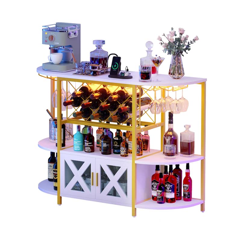 Moasis LED Wine Cabinet Storage Bar Table with Wine Rack and Holder - White/Gold