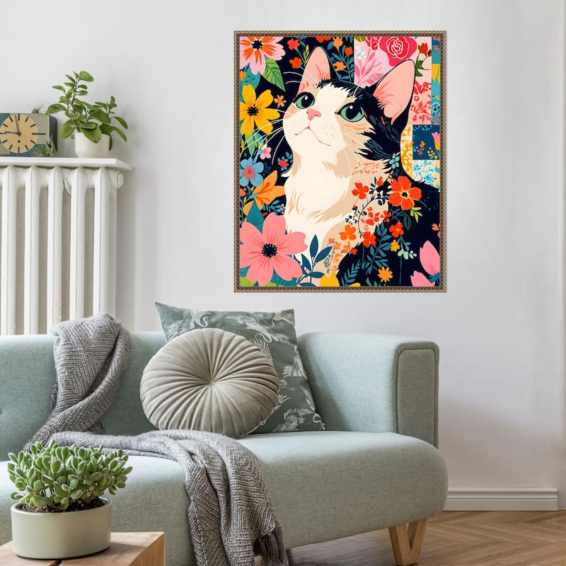Floral Patchwork Cat by Kintsugi99 Framed Canvas Wall Art