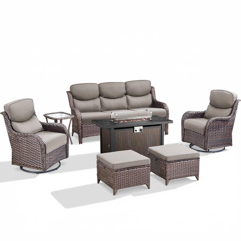 Pocassy 6/7 Piece Patio Sofa Swivel Chair Set with 43" Fire Pit Table