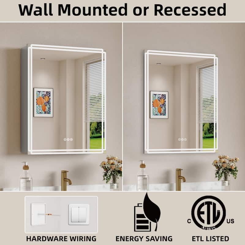 Alita Aluminum LED Medicine Cabinet with Mirror, Dimmable Light, Anti-Fog, Adjustable Shelves, Recessed or Wall Mount