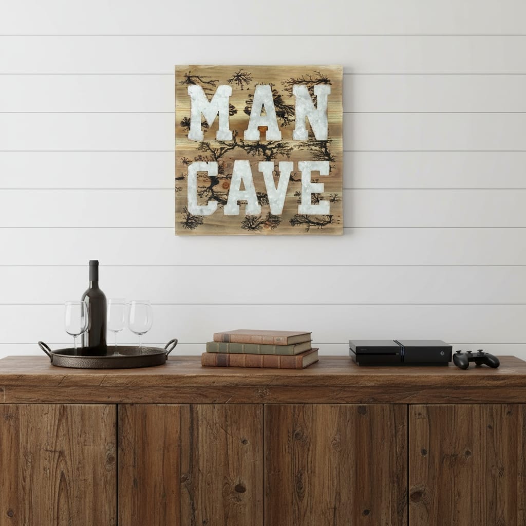 HomeRoots 16" X 16" Brown And Gray Man Cave Wood And Metal Wall Decor