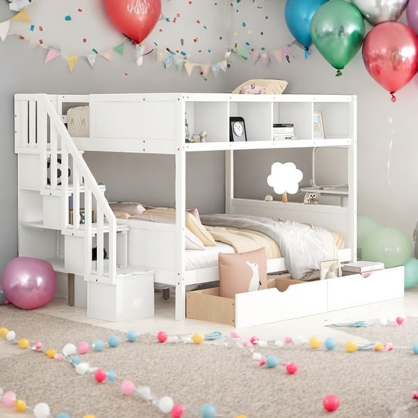slide 2 of 42, Twin over Full Bunk Bed With Shelfs,Storage Staircase and 2 Drawers White