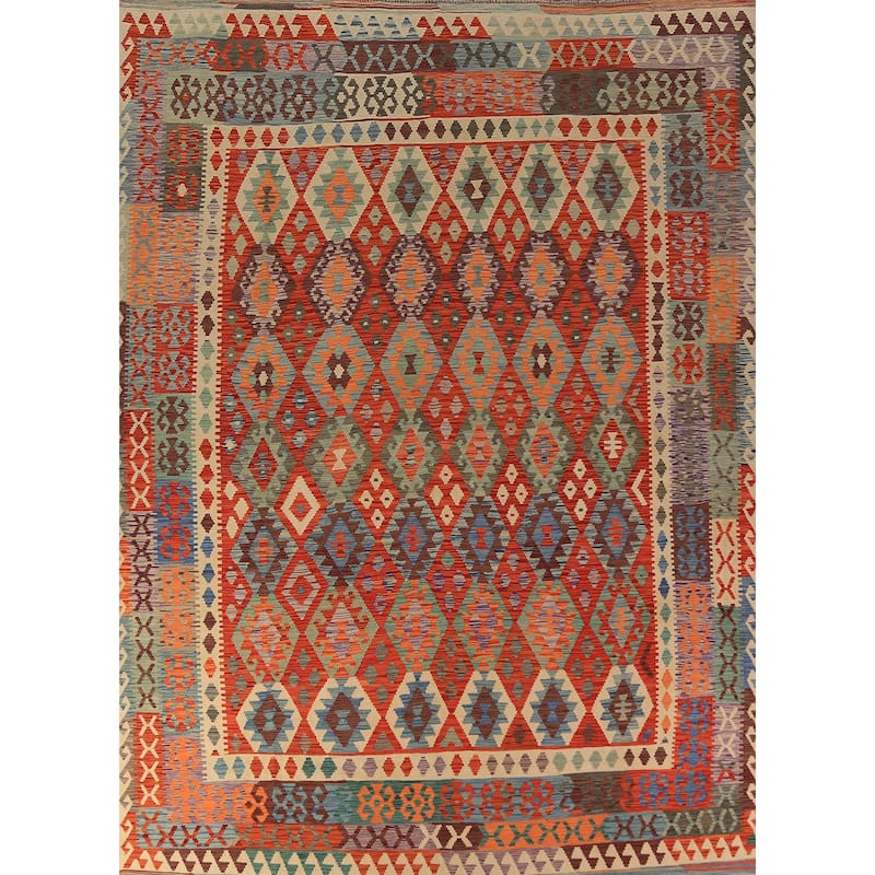 Kilim Oriental Area Rug Flatweave Tribal Multi-Color Wool Carpet - 9'10"x 12'10"