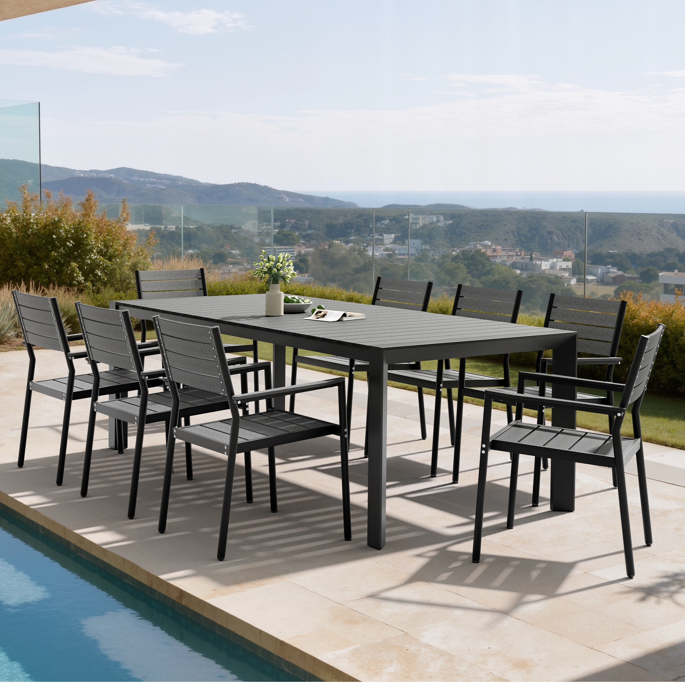 Set of 9 Outdoor Patio Dining Set WoodLike Table Top Aluminum Umbrella Hole Table with Stackable Chairs