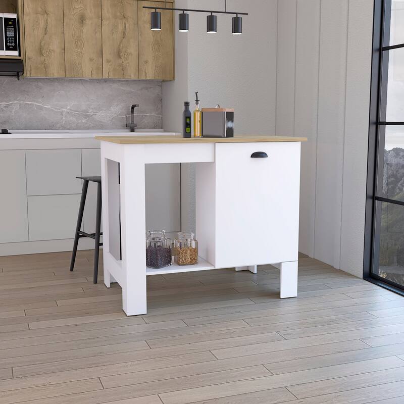 White/Macadamia Kitchen Island, 35" H, with Storage Cabinet and 3 Shelves for Kitchen Storage