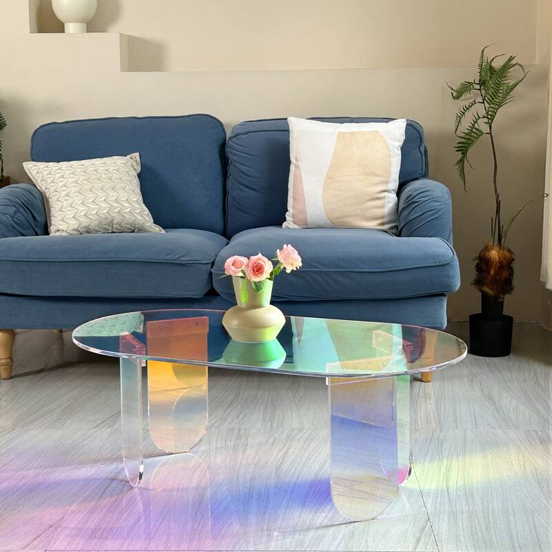 Acrylic Colorful Coffee Table Iridescent Glass End Table Side Table - 38"x20"x15"