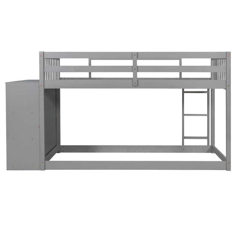 Gray Pine Wood Bunk Bed with 4 Drawers, 3 Shelves, and Built-in Ladder