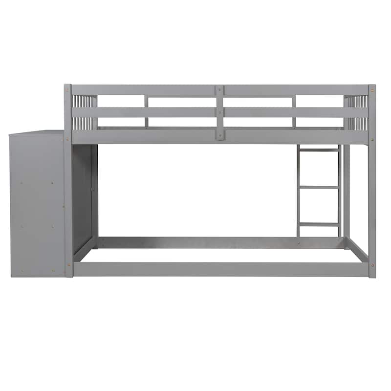 Twin over Twin Bunk Bed Wood Frame Bed with 4 Storage Drawers and 3 Shelves, Full-Length Guardrail Top Bunk for Kids Teens