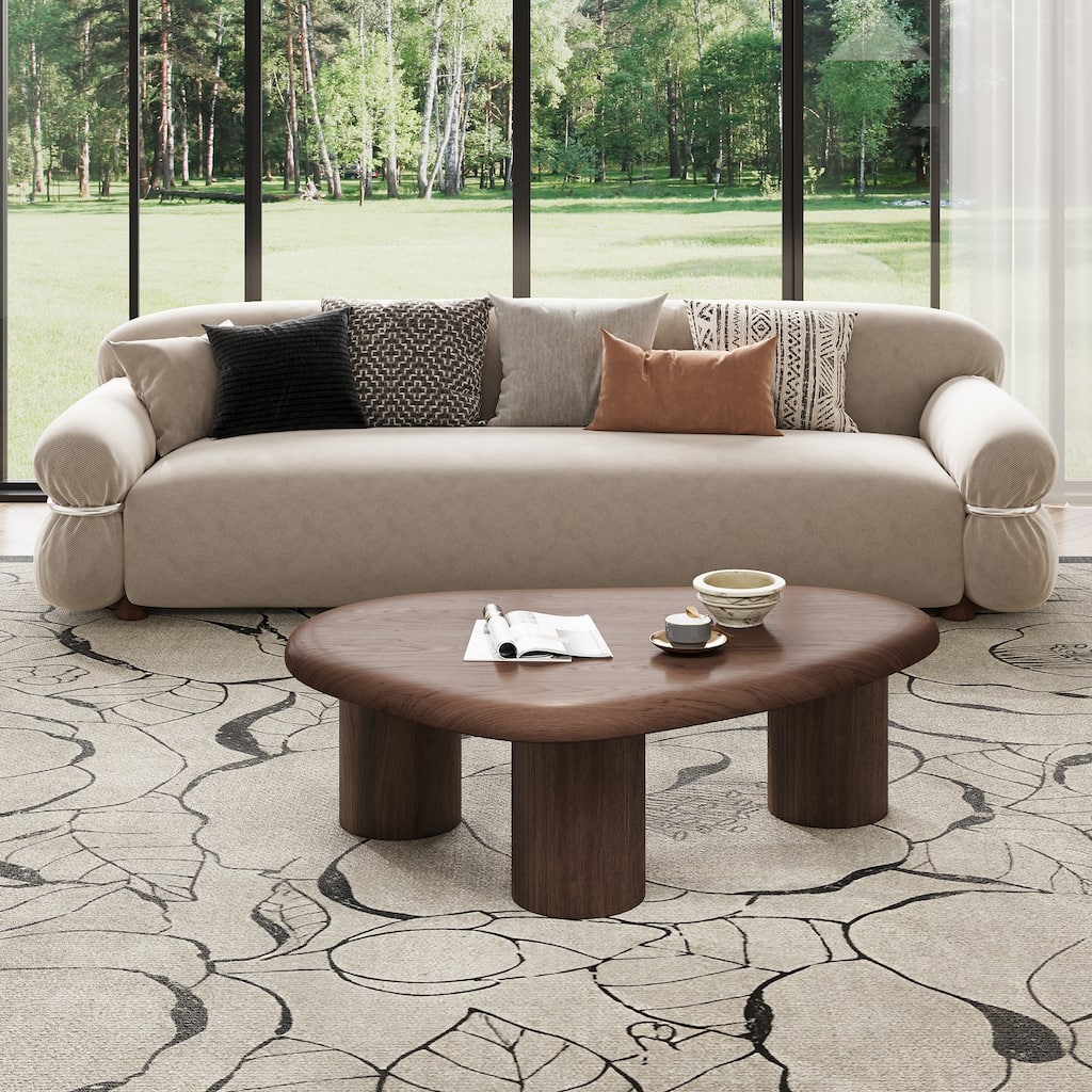 48.43" Mid Century Coffee Table, Unique Shape Design, Solid Wood Veneer with 3 cylinder Legs