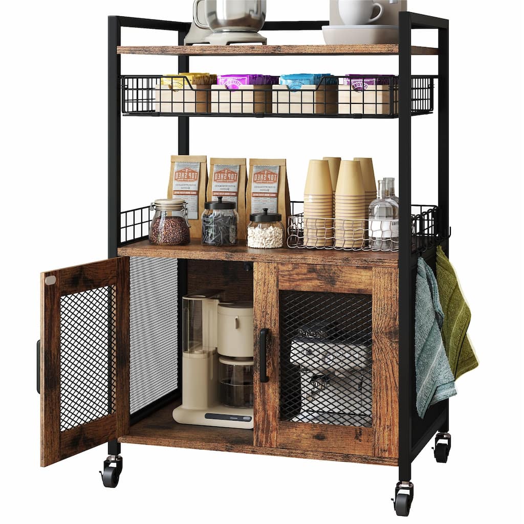 Coffee Bar Cabinet, 3 Tier Coffee Station Table on Wheels, 35.9" H Bar Cart with Wire Basket Drawer & 5 Hooks