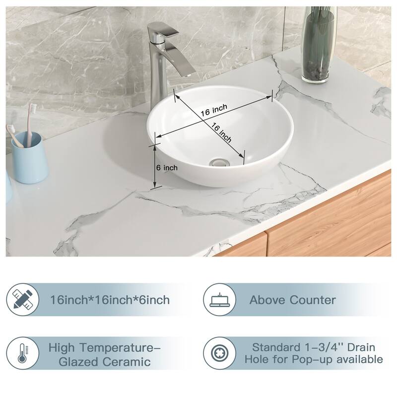 Lordear 16x16 Inch Round Bowl Vessel Sink Modern Bathroom Above Counter White Porcelain Ceramic Vessel Vanity Sink