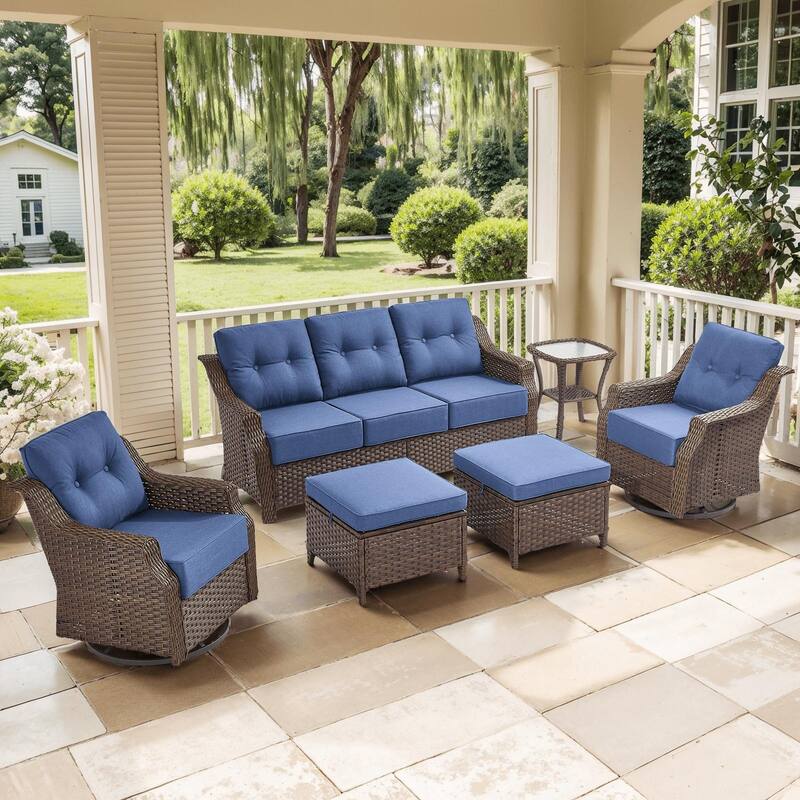 6PCS Outdoor Sofa Glider Chair with Ottoman - Brown Wicker & Blue Cushion - 6PCS Sofa Glider Chair with Ottoman
