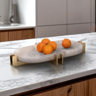Sagebrook Home Quartz-Inspired 14" White Stone Tray With Gold Iron Details, Trays and Plates, Solid White - 14" x 8" x 2"