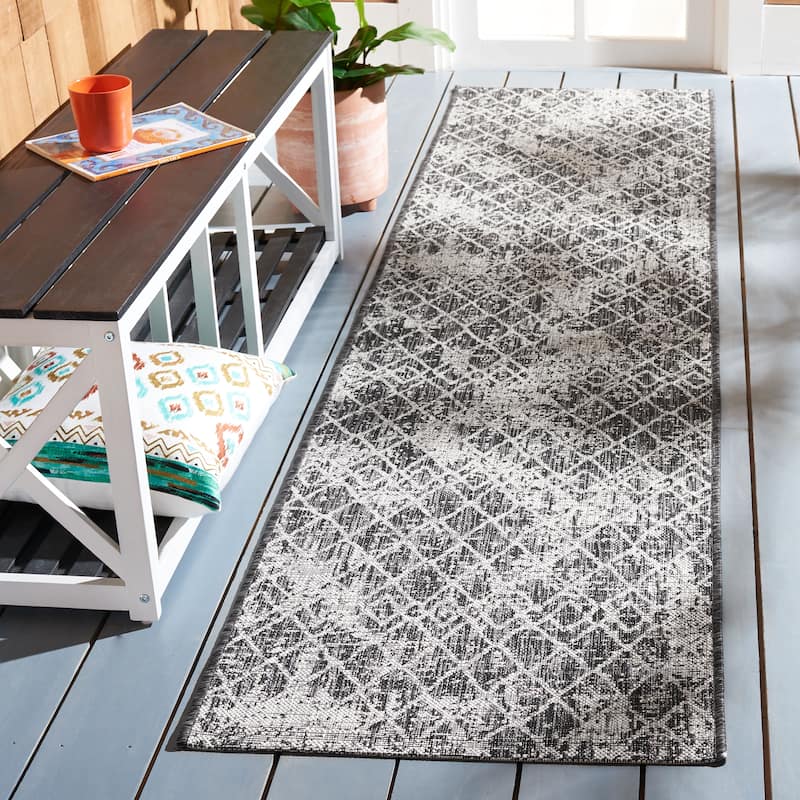 SAFAVIEH Courtyard Marilyn Indoor/ Outdoor Waterproof Patio Backyard Rug - 2'2" x 9' Runner - Black/Grey