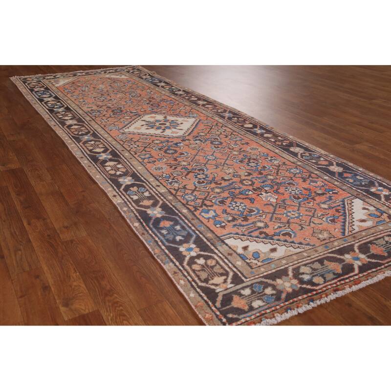 Hand Knotted Oriental 100% Wool Carpet Traditional Geometric Oranges & Rust Hamedan Runner Rug - 9' 7'' X 3' 4''