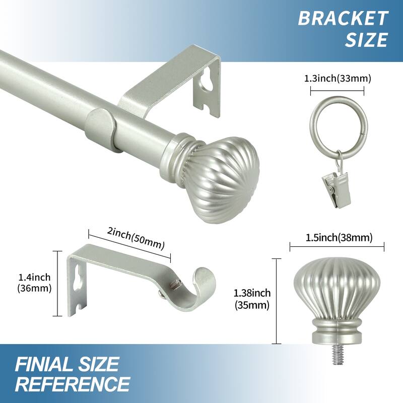 Modern Fluted Ball Adjustable Drapery Curtain Rod with Clip Rings