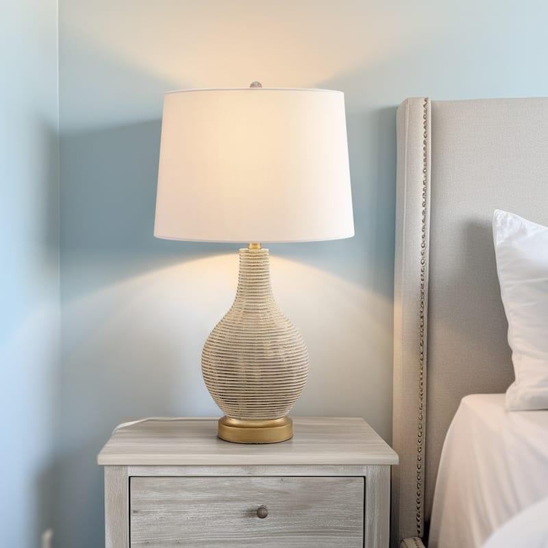 24.5-inch Washed Beige/Gold Farmhouse Table Lamp with White Linen Shade (Set of 2) - 24.5" H