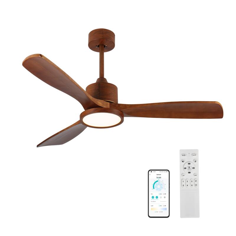 Sofucor 48/52/60 Inch Solid Wood Ceiling Fan with Light and Remote, Reverse Functions, Integrated Light Optional - 52"With lights - Brown and Brown Solid wood Blades(Non-Smart)
