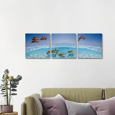 iCanvas "Bottlenose Dolphin Jumping While Turtles Swimming Under Water" by Panoramic Images 3-Piece Canvas Wall Art Set